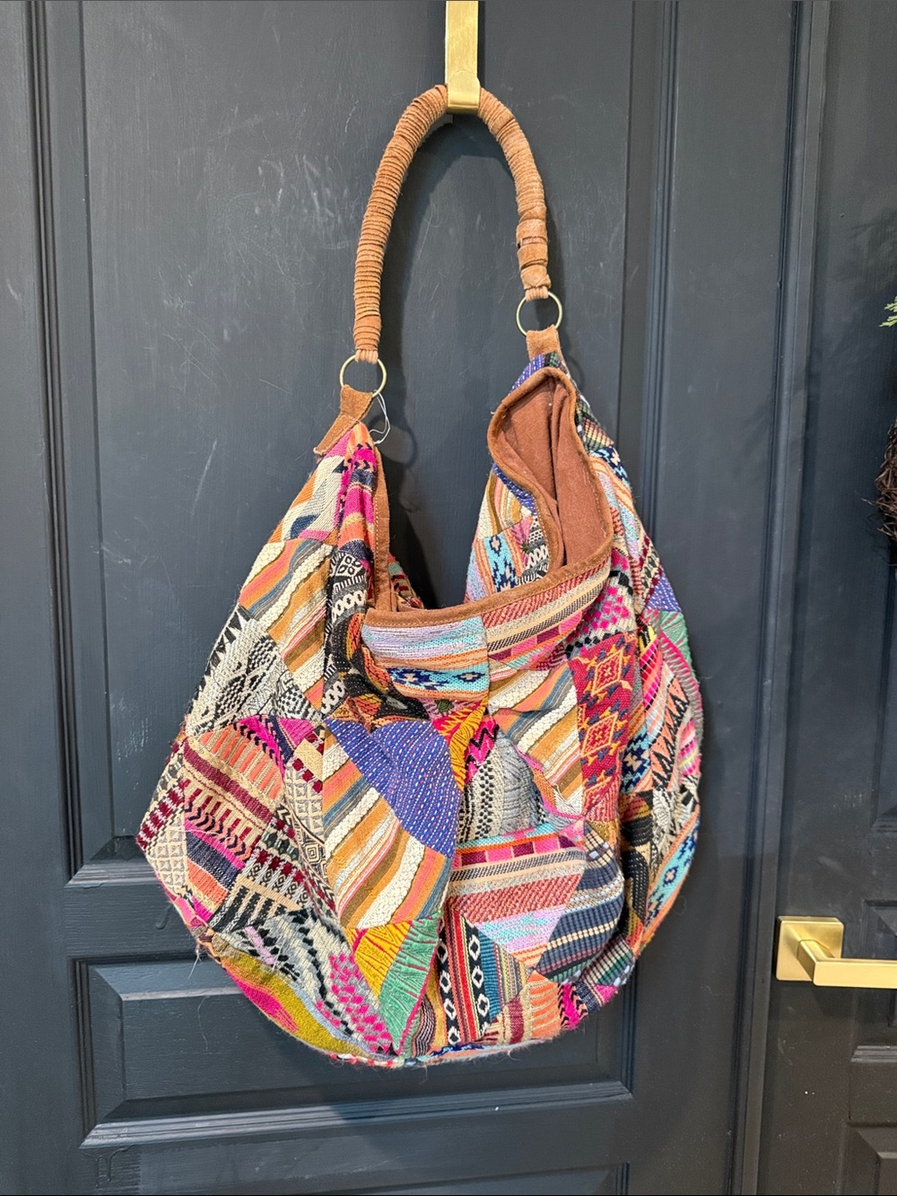 Free People Multicolor Patchwork Hobo with Tan Wrapped Handle